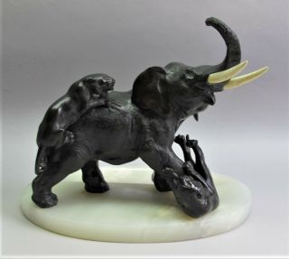 Fine Antique Austrian Bronze Sculpture Of Elephant Attacked By Tigers C.  1920