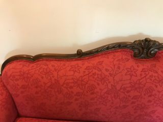 ANTIQUE SOFA COUCH CARVED WOOD TRIM UPDATED JACQUARD FABRIC SOLID FRAME OBO 6