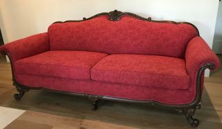 ANTIQUE SOFA COUCH CARVED WOOD TRIM UPDATED JACQUARD FABRIC SOLID FRAME OBO 8