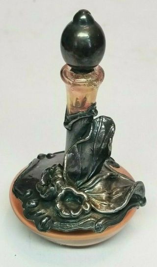 Antique Victorian Art Nouveau Silver Overlay Dragons Breath Glass Perfume Bottle