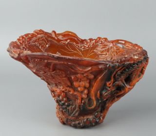 Chinese Exquisite Handmade Grape Carving Ox Horn Cup