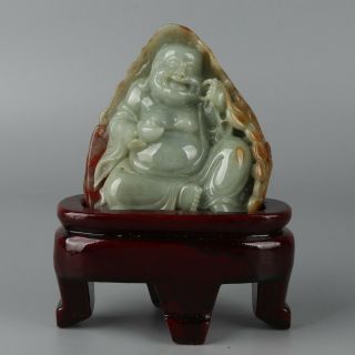 Chinese Exquisite Hand Carved Buddha Carving Jadeite Jade Statue With Base