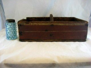 Antique Primitive Painted Wooden Utensil Condiment Box Carrier Tote Square Nails