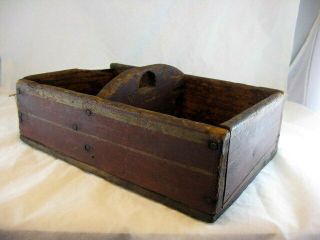 Antique Primitive Painted Wooden Utensil Condiment Box Carrier Tote Square Nails 4
