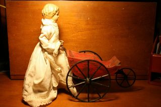 Rare Clockwork Automation Wind Up Walking Doll W/ Carriage Circa 1869