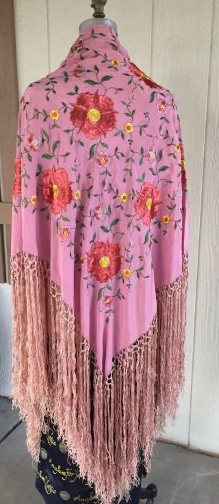 Antique Vintage 19th Century Canton Embroidered Silk Piano Shawl 83” X 85”