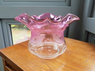 Antique Acid Etched Cranberry Pink Glass Oil Lamp Shade Duplex 4 Inches