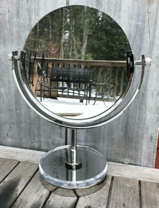 Vintage Large Round Chrome & Lucite Department Store Counter Vanity Tilt Mirror