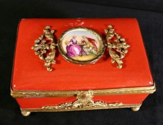 Antique Limoges Jewelry Box Handpainted Porcelain Bronze Casings 6.  25 