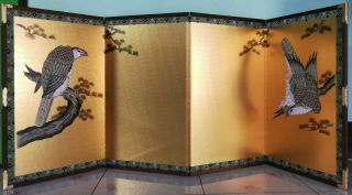 Vtg Japanese 4 Panel Folding Screen Byobu /gold / Painted Eagle