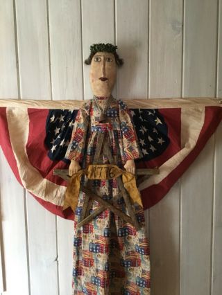 Primitive Americana Angel Doll With Flag Bunting Wings - Ooak