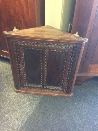 Small Antique Victorian Oak Corner Cabinet With Carved Detail