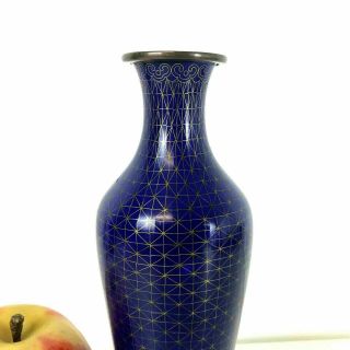 Vintage Chinese Bronze Cloisonne Vases W/ Cobalt Blue Enamel Geometric Design 2