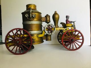 Wilkins Tin Fire Pumper Truck,  Bell,  Wind Up Toy With Driver