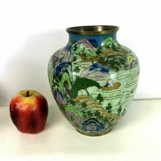 Antique Early 20th C Chinese Cloisonne Vases W/ Landscape Boat Deer Decoration 3