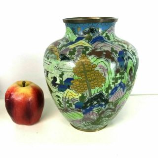 Antique Early 20th C Chinese Cloisonne Vases W/ Landscape Boat Deer Decoration 4
