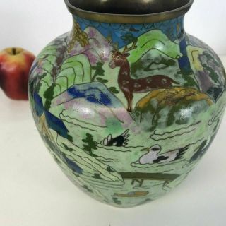 Antique Early 20th C Chinese Cloisonne Vases W/ Landscape Boat Deer Decoration 6