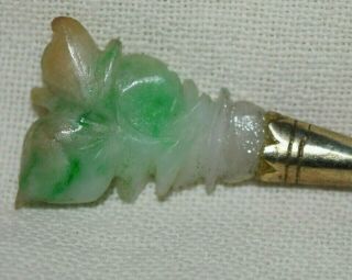 Chinese Antique Dental Toothpick Carved Jade Butterfly Flower & Sterling Silver 2