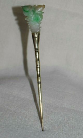 Chinese Antique Dental Toothpick Carved Jade Butterfly Flower & Sterling Silver 3