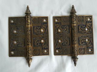 2 Antique Ornate Solid Brass Pair Door Hinges 4 1/2 " Large Vintage Late 19th C.
