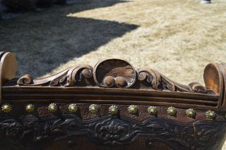 Six Vintage Spanish Revival Embossed leather Dining Chairs w Decorative Nails 4