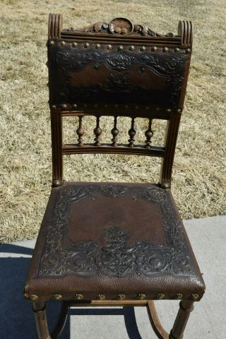 Six Vintage Spanish Revival Embossed leather Dining Chairs w Decorative Nails 5