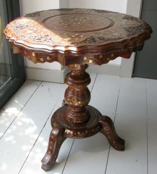 VINTAGE TRI - POD ANGLO/INDIAN WOODEN SIDE TABLE BRASS & SILVER STRINGING INLAY 2