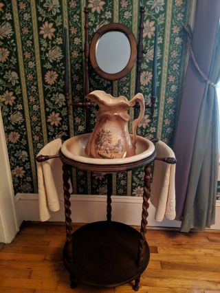 Antique/vtg Country Wood Twist Wash Basin Bowl Pitcher Stand With Mirror