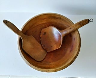 Antique Wood Butter/dough Bowl With Scoop & Paddle