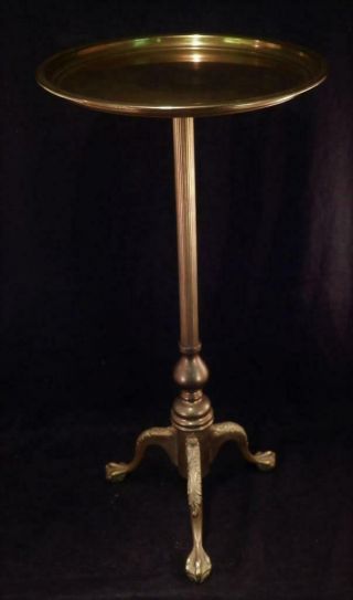 Antique Petite Solid Brass Pedestal Table 20.  5 " Tall Paw Feet Fluted Column Vgc