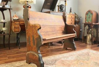 Antique Wooden 53 " Distressed Gothic Church Pew With Curved Back & Carving