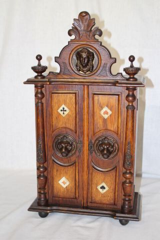 Late 19th Century Card Game Table Cabinet; Individual Suite Drawers; Lion Head