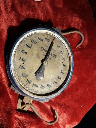 Vintage 8 " Dia Chatillon 200 Lbs X 1 Lb Brass Face Hanging Scale Heavy Duty Hooks