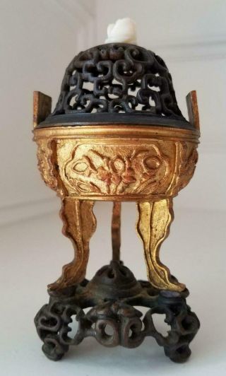 Small Antique Chinese Gilt Bronze Tripo Incense Burner 10