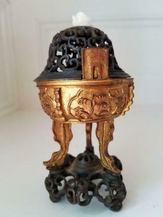 Small Antique Chinese Gilt Bronze Tripo Incense Burner 11