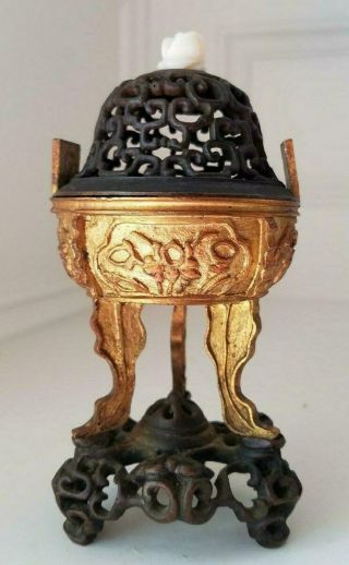 Small Antique Chinese Gilt Bronze Tripo Incense Burner