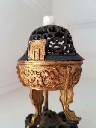 Small Antique Chinese Gilt Bronze Tripo Incense Burner 5