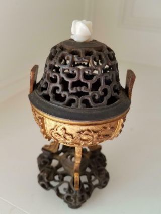 Small Antique Chinese Gilt Bronze Tripo Incense Burner 6