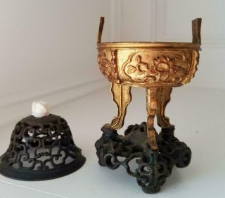 Small Antique Chinese Gilt Bronze Tripo Incense Burner 7