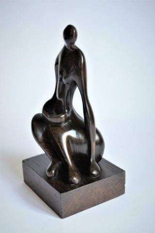 Vintage Modernist Abstract Henry Moore Style Seated Female Wood Sculpture
