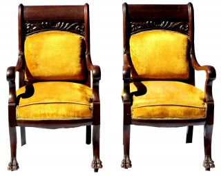 Antique Early 20th C.  Rosewood Parlor Chairs In Mustard Yellow Velvet