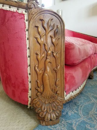 One of a Kind Handcarved Royal Peacocks 1920 ' s Red Velvet French Parlor Couch 10