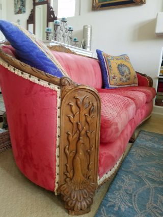 One of a Kind Handcarved Royal Peacocks 1920 ' s Red Velvet French Parlor Couch 3