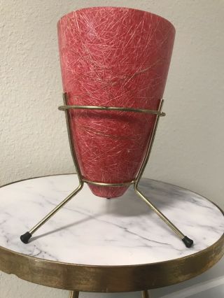 Red Tabletop Kimball Mid Century Modern Bullet Fiberglass Planter Stand Atomic