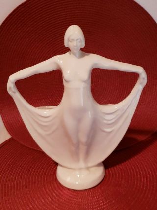 Stunning Antique Art Deco White Art Pottery Woman Nude Dress Planter Vase 10 "