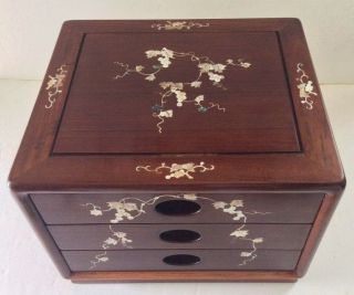 Antique Chinese Mop Inlay Grape Vine Motif Wood Flatware Cabinet Chest Box