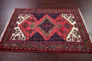 Vintage Geometric Hamedan Persian Tribal Area Rug CORAL RED Oriental WOOL 3 ' x5 ' 11