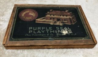 ANTIQUE Purple Seal Playthings Tiles WOOD DOVETAILED BOX lithograph advertising 4