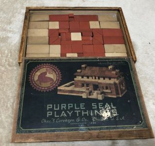 ANTIQUE Purple Seal Playthings Tiles WOOD DOVETAILED BOX lithograph advertising 5