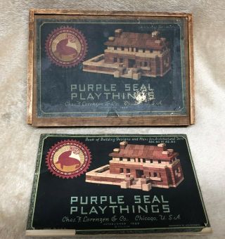 ANTIQUE Purple Seal Playthings Tiles WOOD DOVETAILED BOX lithograph advertising 8